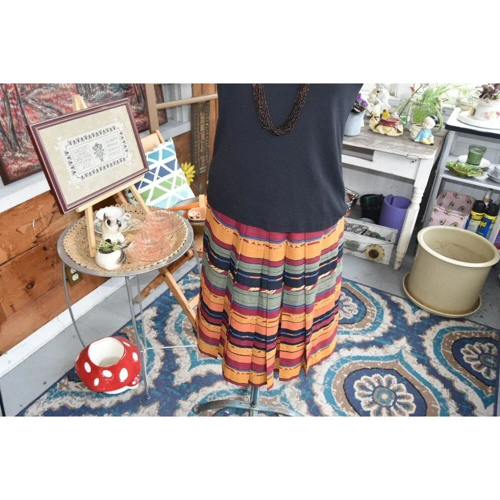 Vintage Pleated Tribal Skirt Colorful-Lined Striped Made in England Size Small